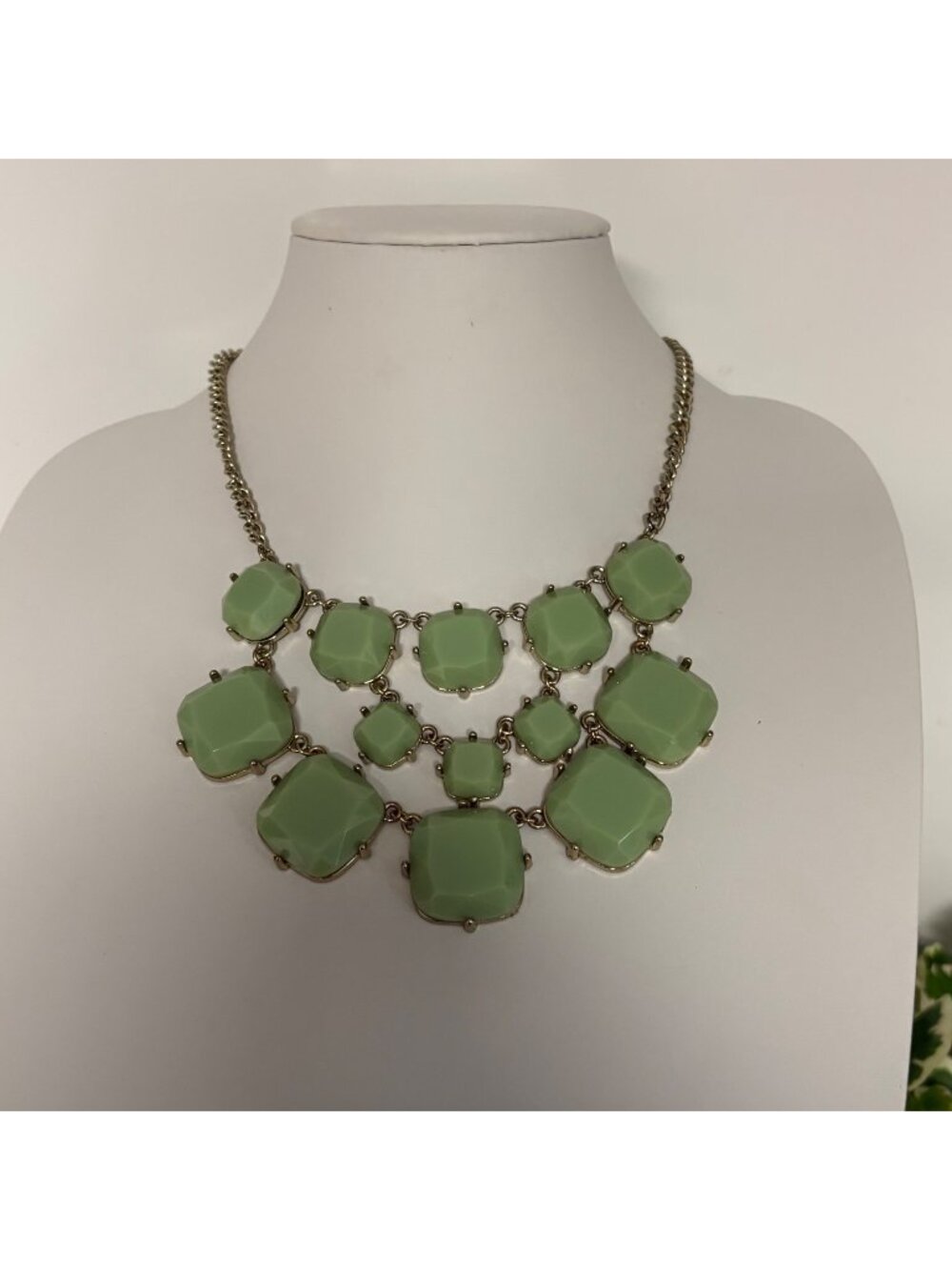 Mint Green Statement Necklace Gold Tone Geometric Bib Chic Costume Jewelry